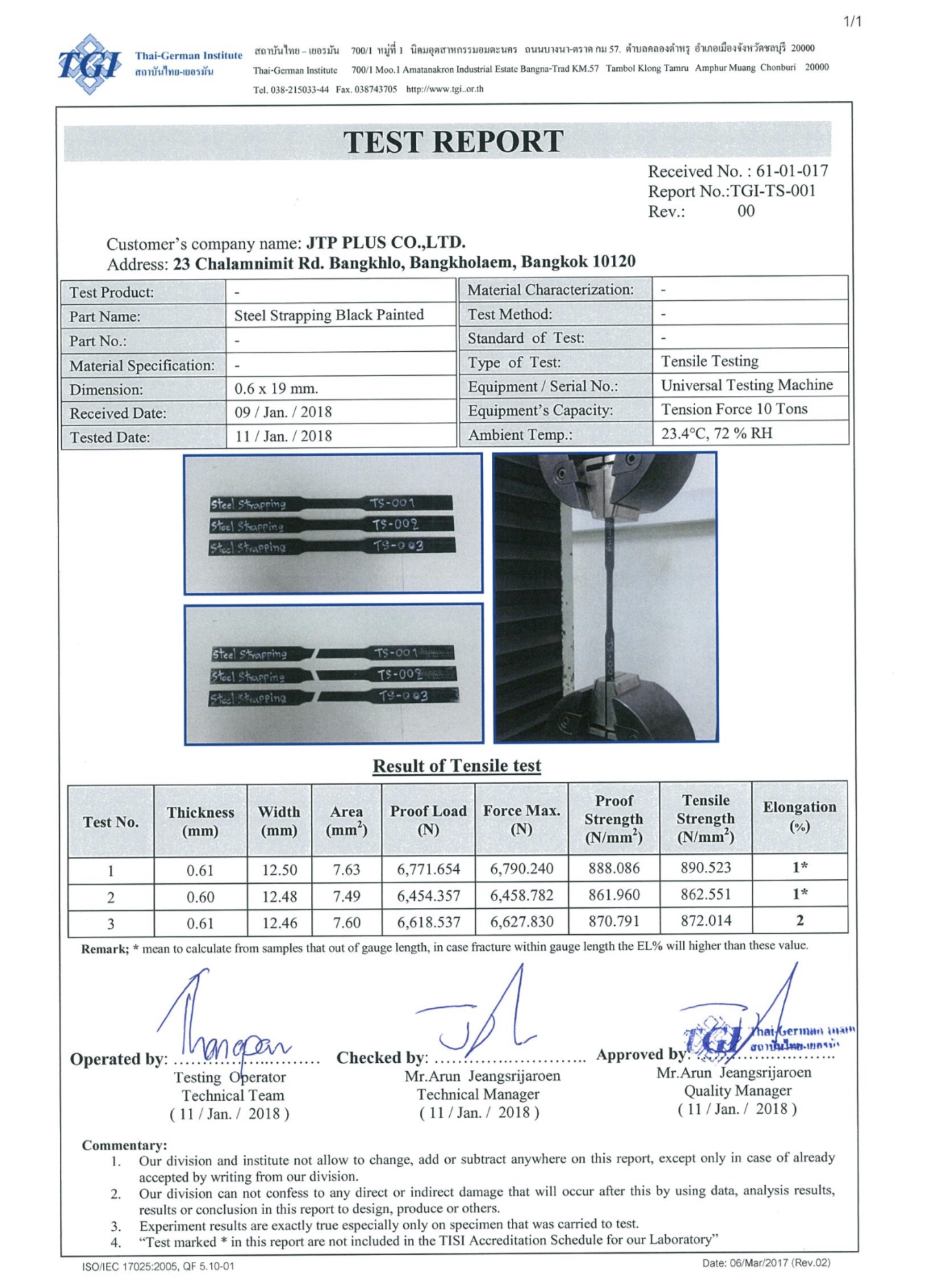 JTP Plus Brand’s Steel Strapping is certified and tested by the standard from Thai-German Institute: tensile strength more than 800 newton per square meter